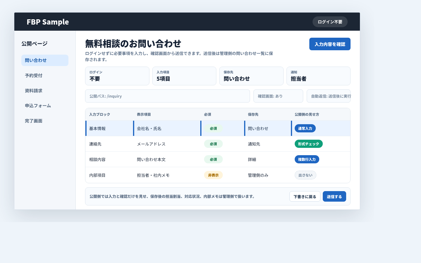 ログイン不要の公開問い合わせページで入力、確認、送信完了まで進める画面例
