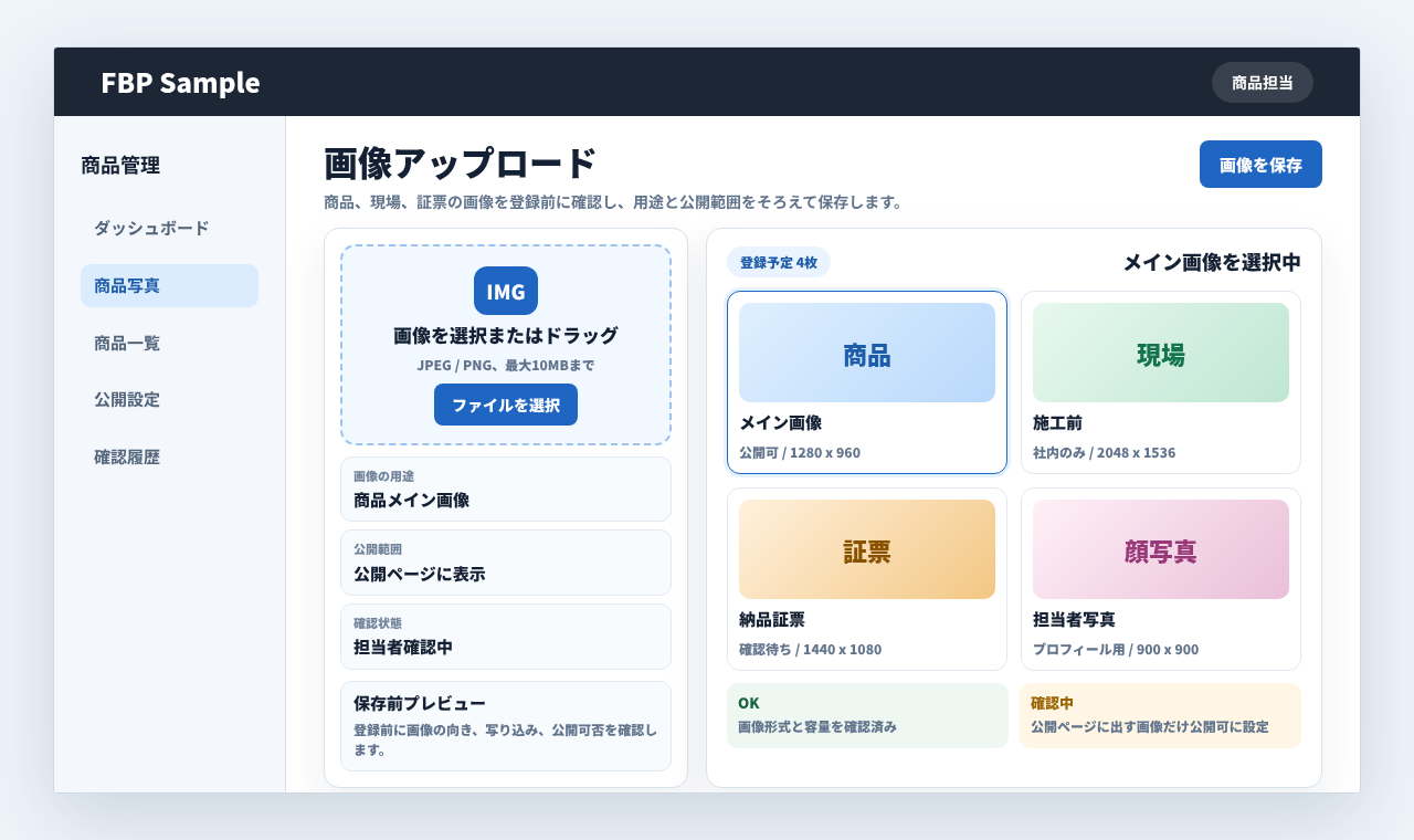 商品画像、現場写真、証票画像をアップロードし、登録前にプレビューしている業務画面例