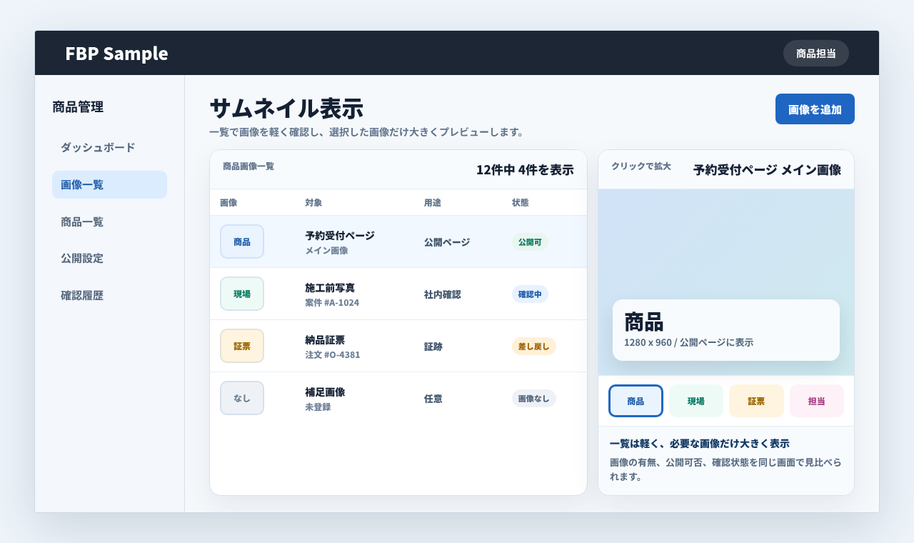 一覧に商品画像や証票画像のサムネイルを表示し、選択画像を大きく確認している業務画面例