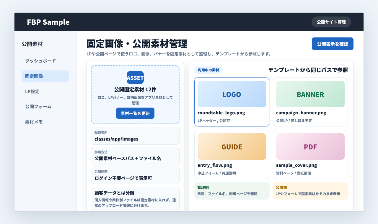 LPや公開ページで使う固定画像と公開素材を管理している業務画面例