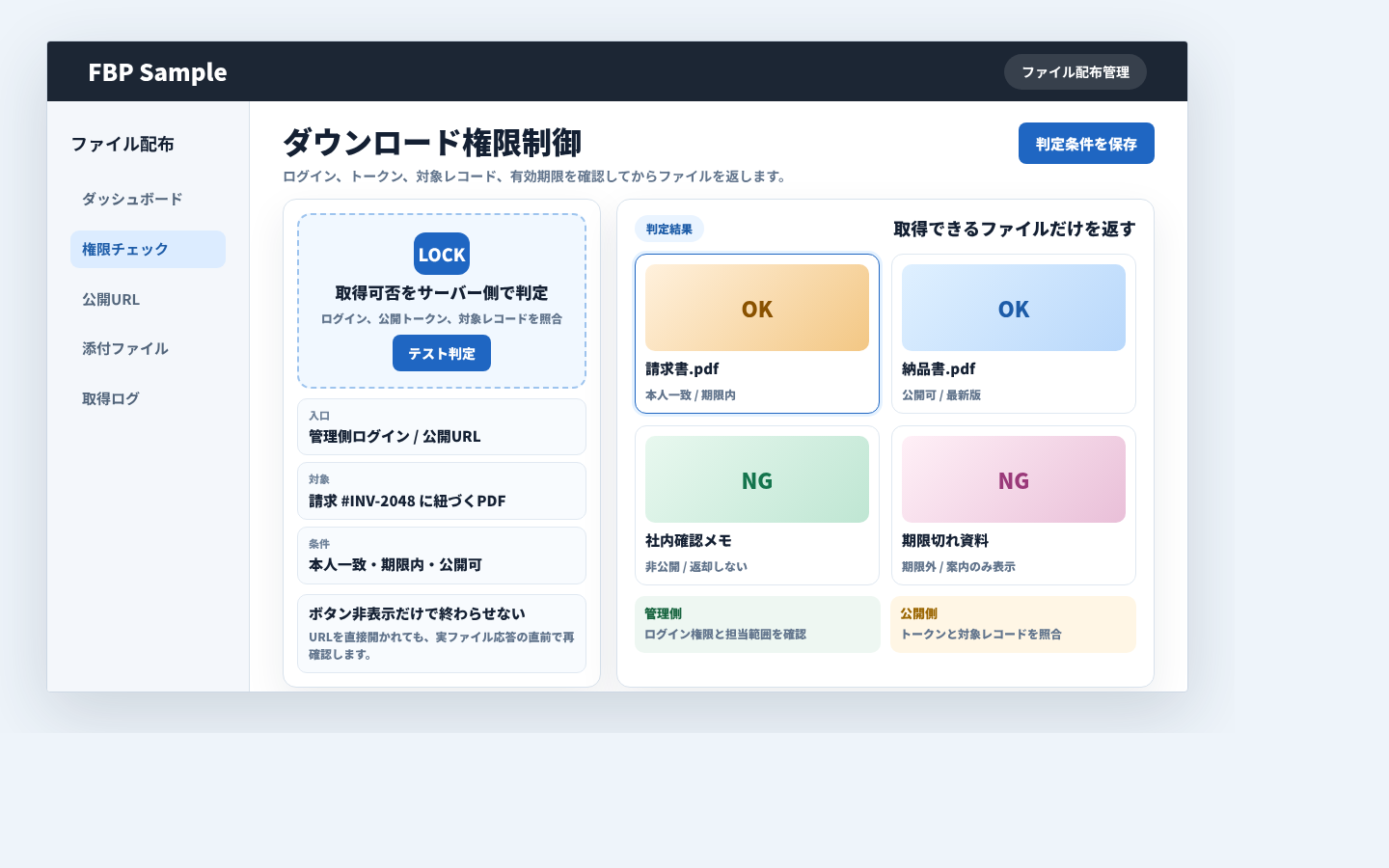 ログイン、トークン、対象レコードに応じてファイルの取得可否を判定する業務画面例