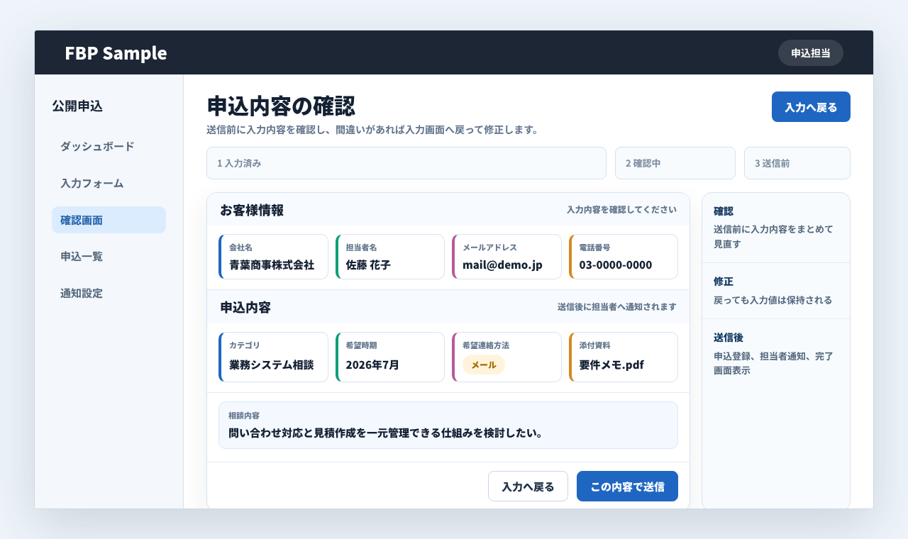 申込内容の確認画面で入力内容を見直し、戻って修正または送信できる業務画面例