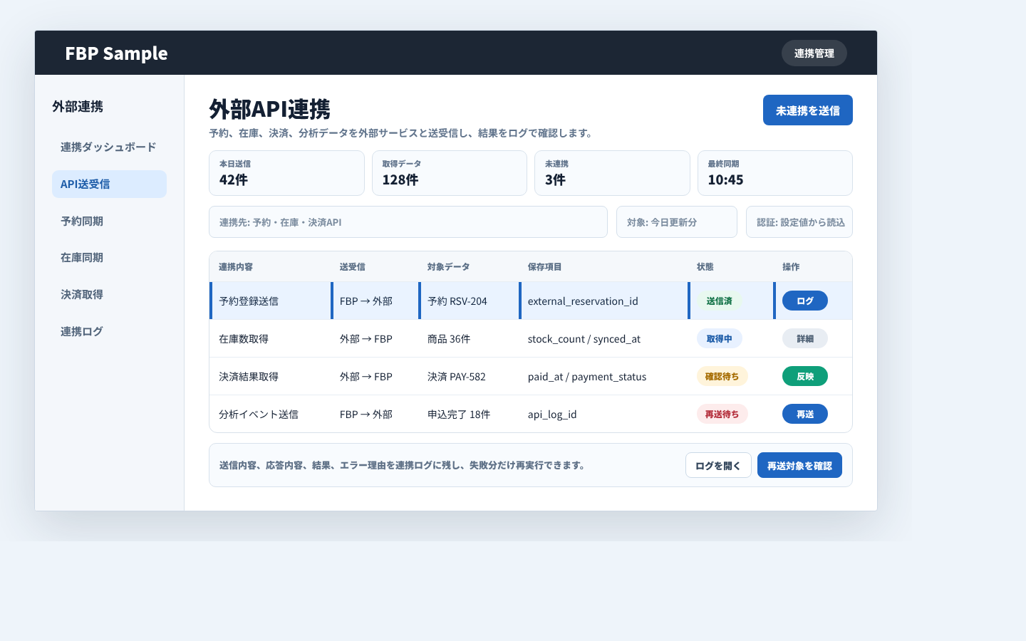 外部API連携で予約、在庫、決済、分析データの送受信状態を確認している業務画面例