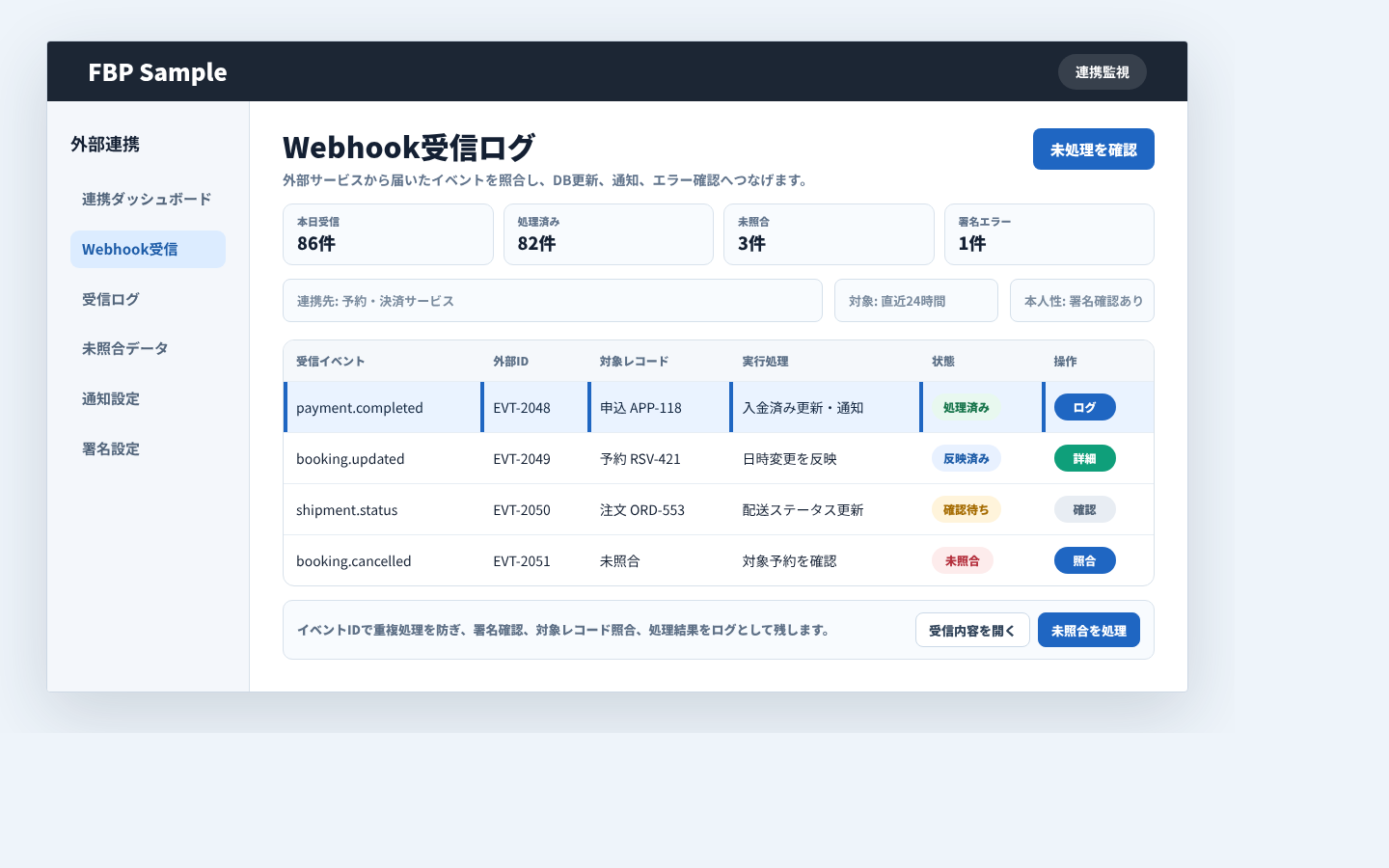 Webhook受信で外部イベント、対象レコード、処理結果、通知状況を確認している業務画面例