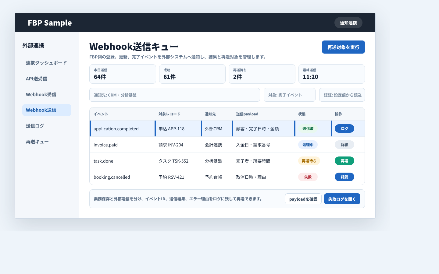Webhook送信で業務イベント、通知先、送信状態、再送対象を確認している業務画面例