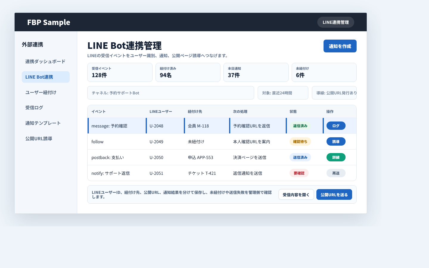 LINE Bot連携で受信イベント、ユーザー識別、通知、公開ページ誘導を確認している業務画面例