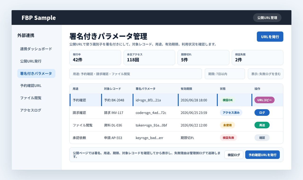 署名付きパラメータで公開URL、対象レコード、有効期限、利用状況を確認している業務画面例