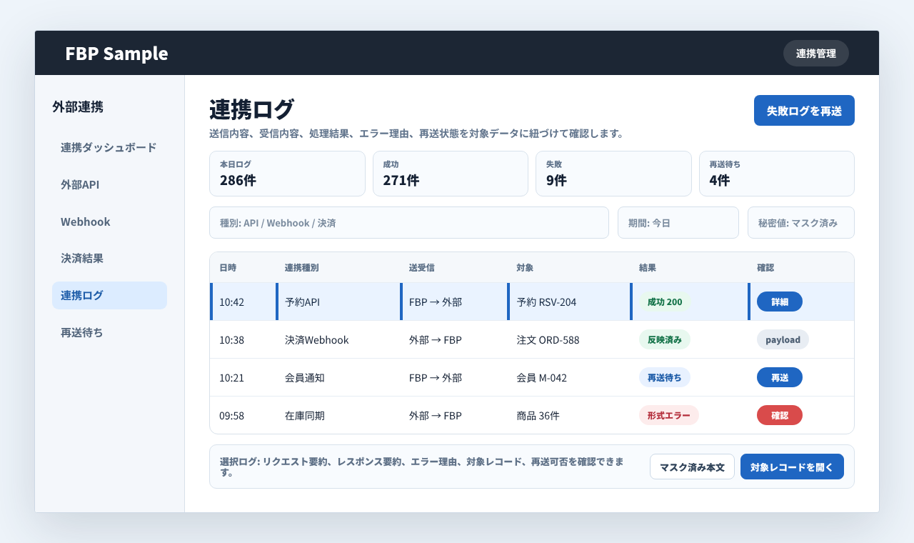 連携ログで送信内容、受信内容、処理結果、エラー理由、再送状態を確認している業務画面例