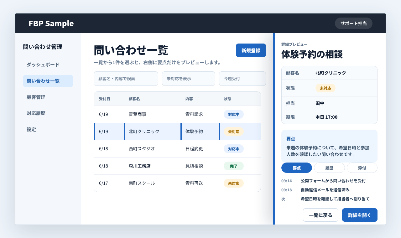 問い合わせ一覧から選択した1件の要点、履歴、次の対応を右側の詳細プレビューで確認している画面例