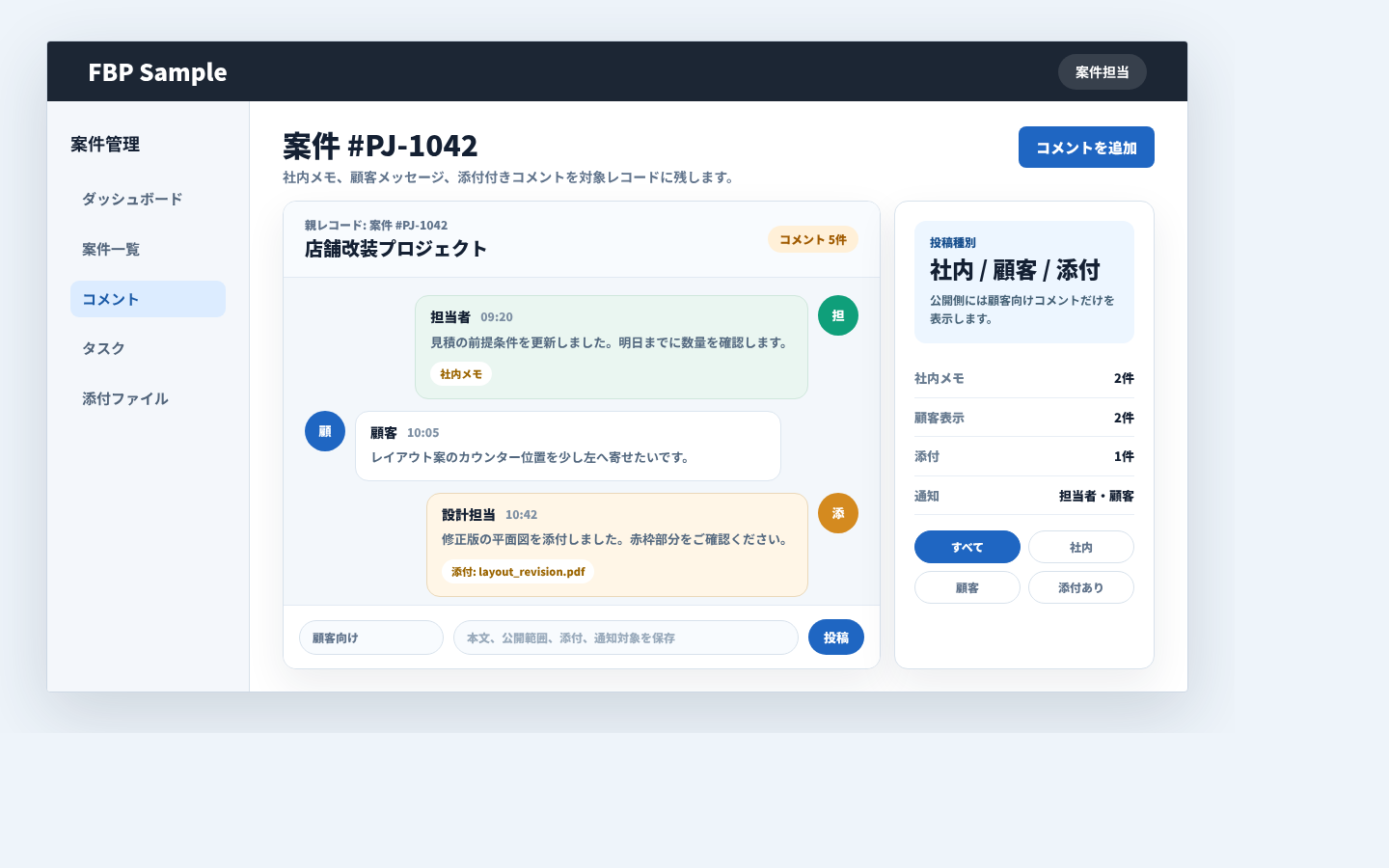 案件詳細に社内メモ、顧客メッセージ、添付付きコメントを追加している業務画面例