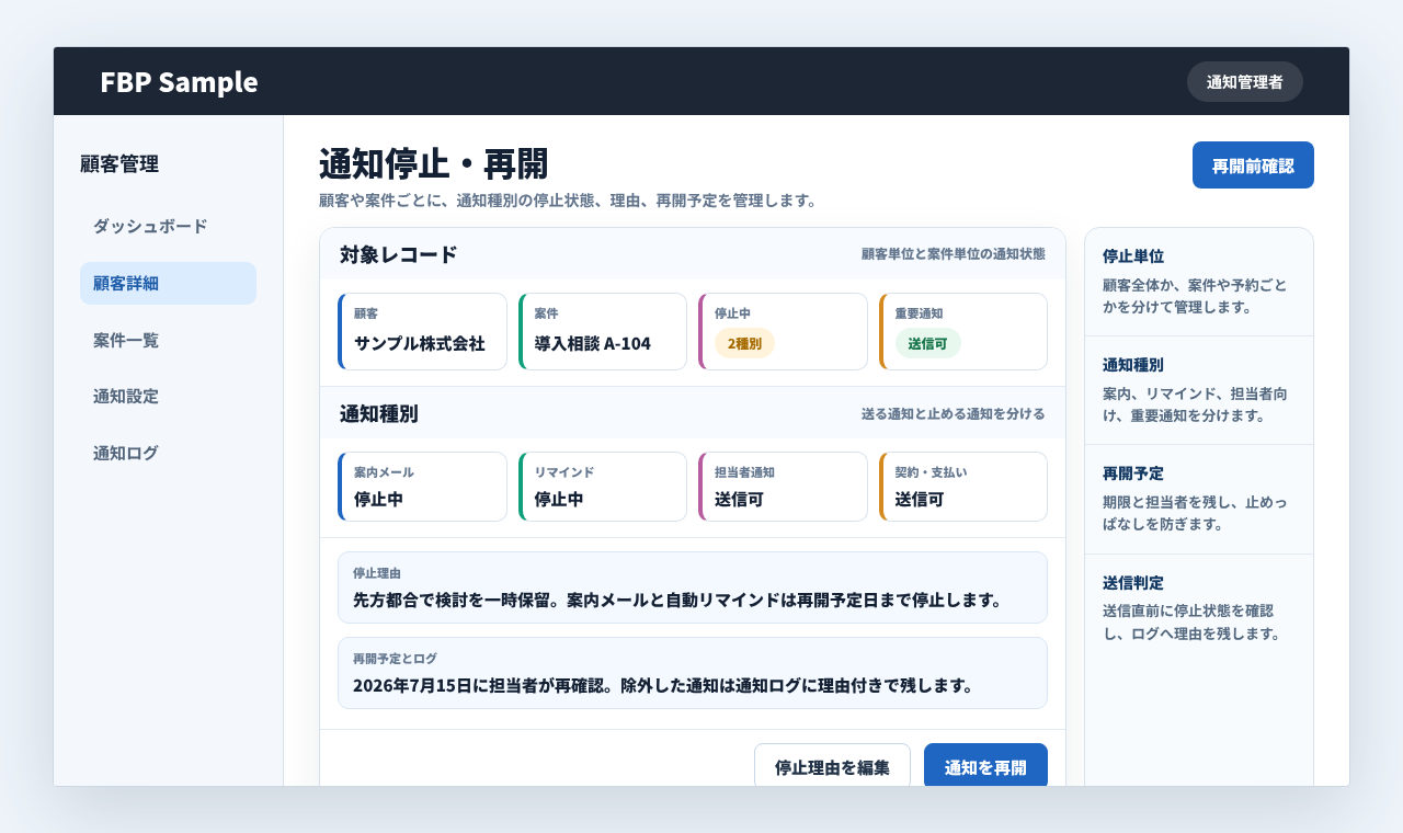 顧客詳細で通知種別ごとの停止状態、停止理由、再開予定を確認して通知を再開する業務画面例