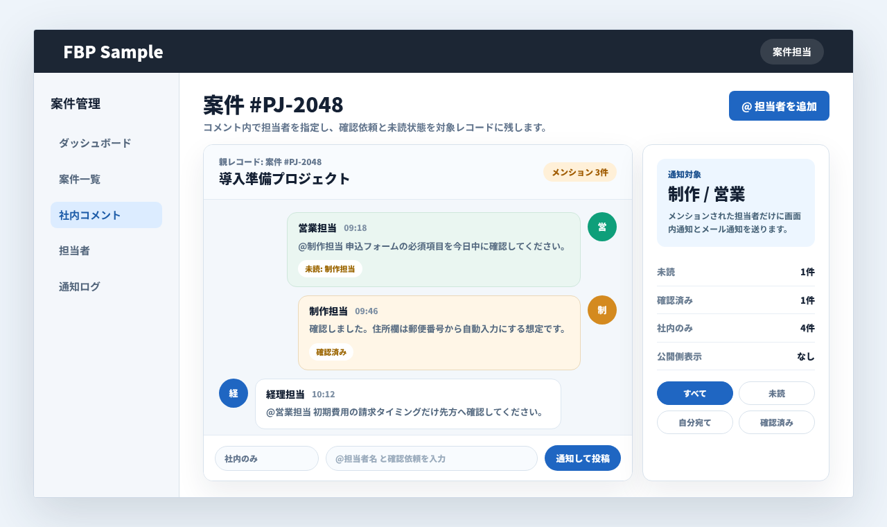 案件コメント内で担当者をメンションし、確認依頼、通知対象、未読状態を管理している業務画面例