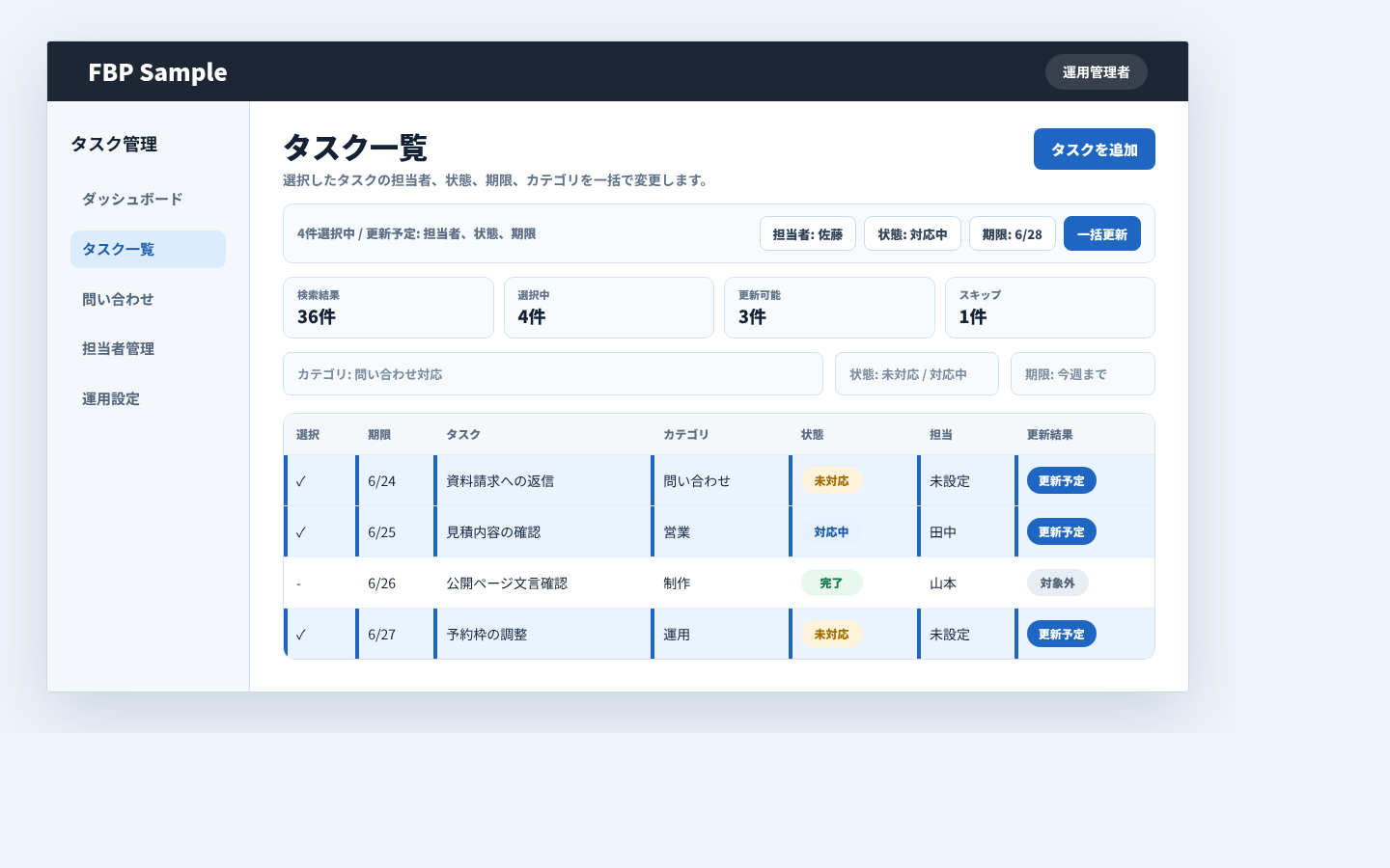 タスク一覧で複数行を選び、担当者、状態、期限、カテゴリを一括更新する管理画面例