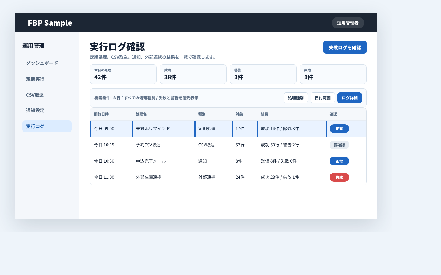 定期処理、CSV取込、通知、外部連携の実行結果を一覧で確認する管理画面例