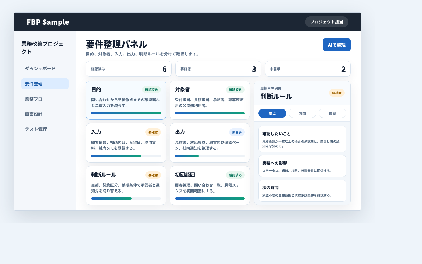目的、対象者、入力、出力、判断ルールを要件整理パネルで確認している画面例