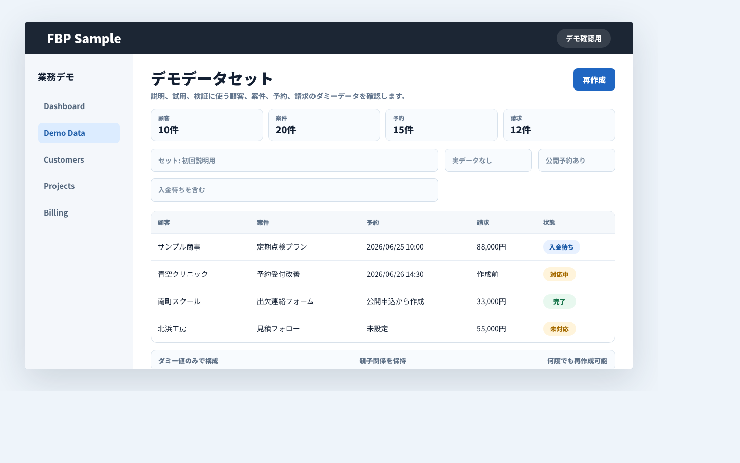 顧客、案件、請求、予約のデモデータを一覧で確認する画面例