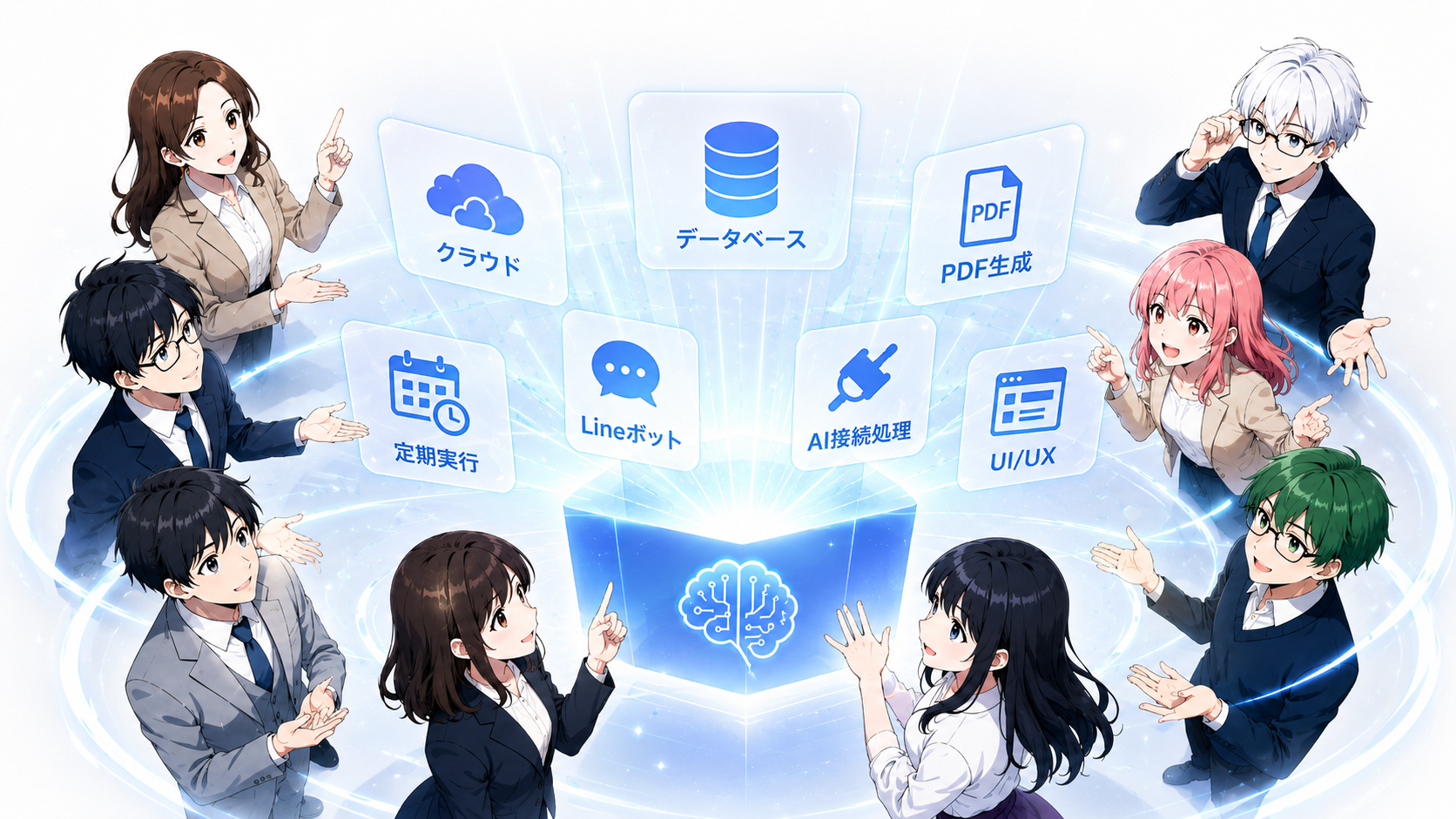 クラウド、データベース、PDF生成、定期実行、Lineボット、AI接続処理、UI/UXが一つのRoundtable開発環境に同梱されているイメージ